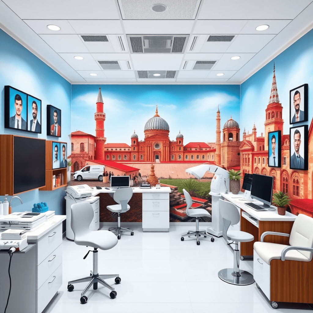 A modern hair transplant clinic in Turkey with advanced equipment, hair restoration tools, before-and-after photos, and an inviting consultation ar...
